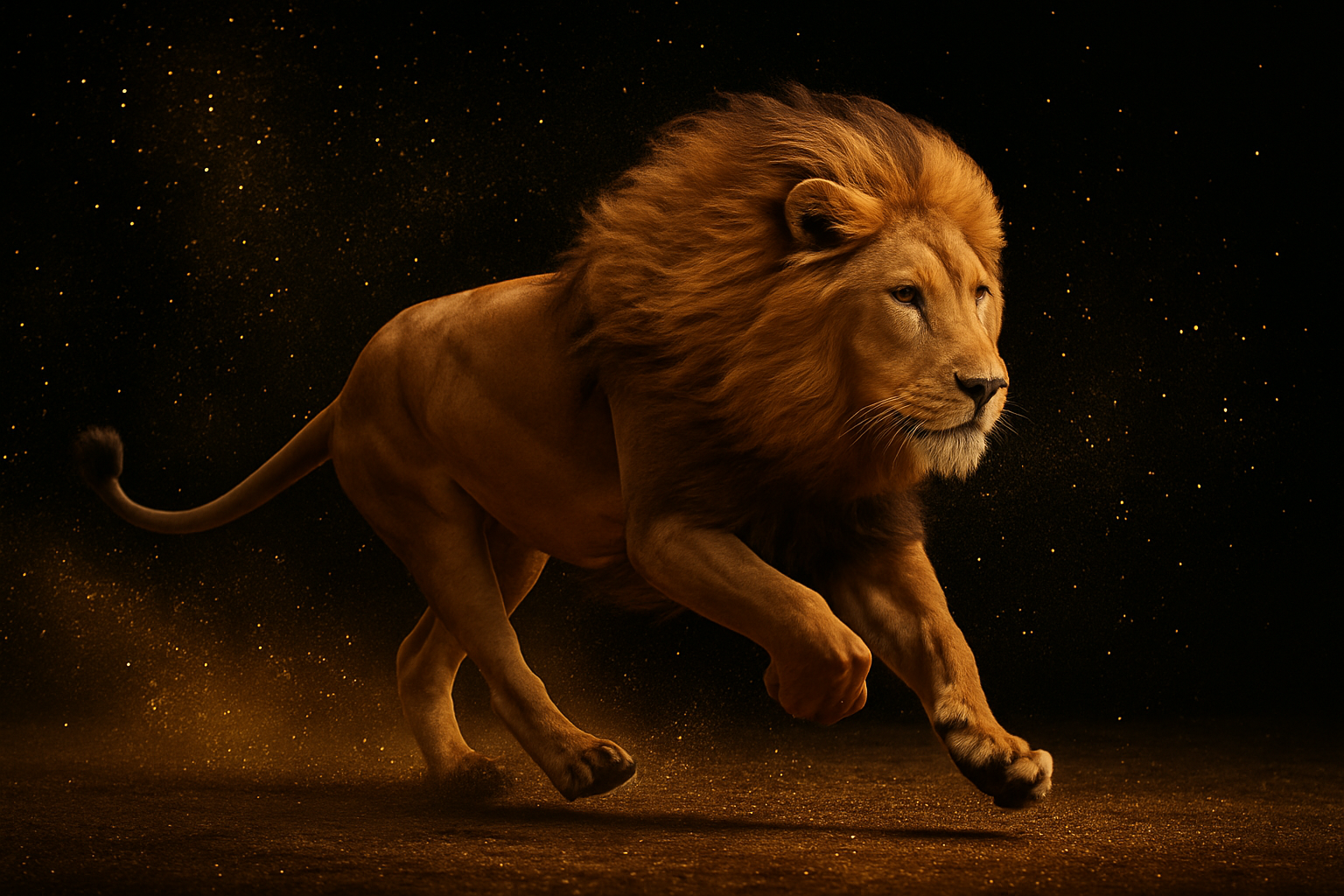 create a black with gold dust background with a lion running across
